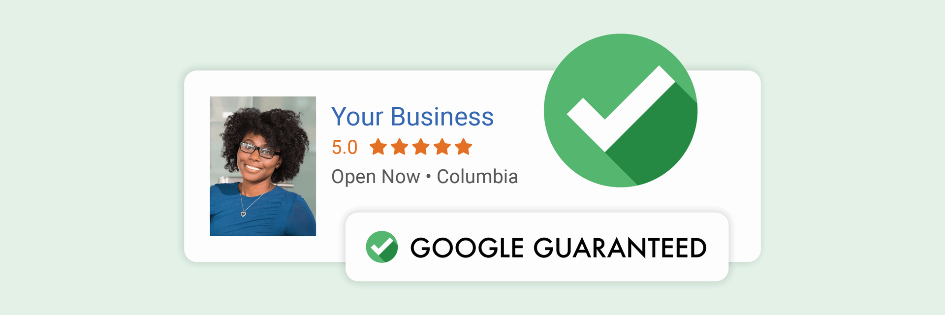 Banner do Google Guaranteed mostrando perfil de negócio com 5 estrelas e selo de verificação