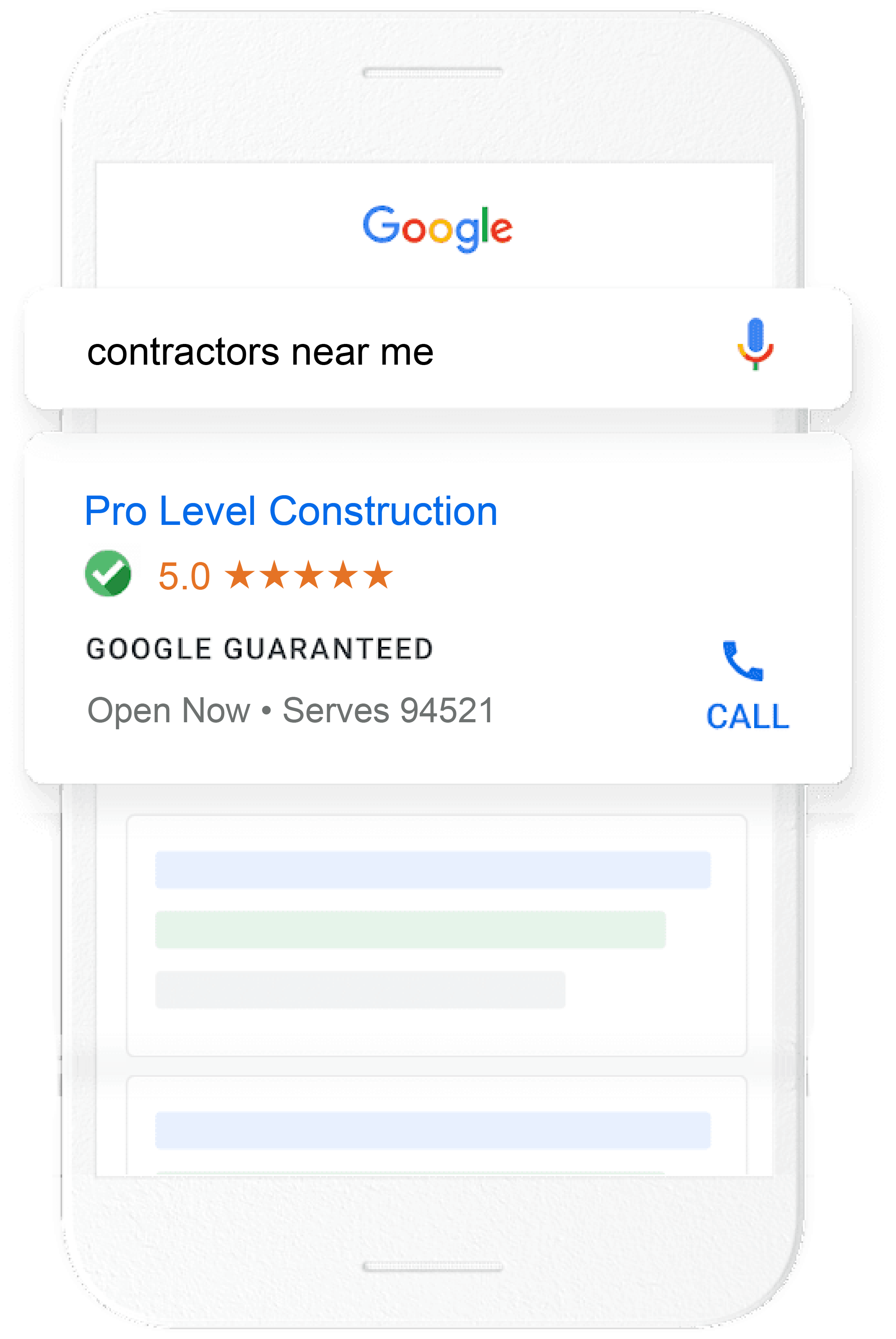 Tela de celular mostrando busca por contractors com resultado Pro Level Construction em primeiro lugar